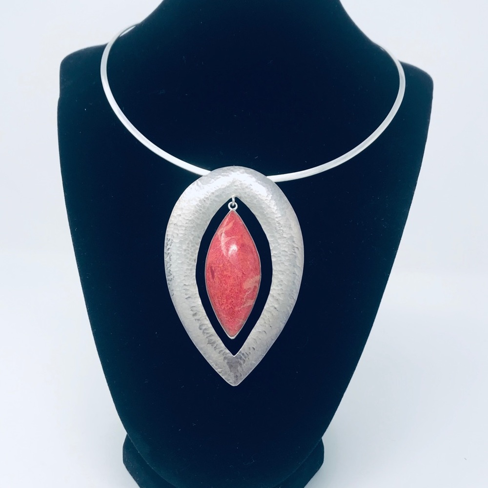 Hammered Sterling Silver Pendant with Red Coral